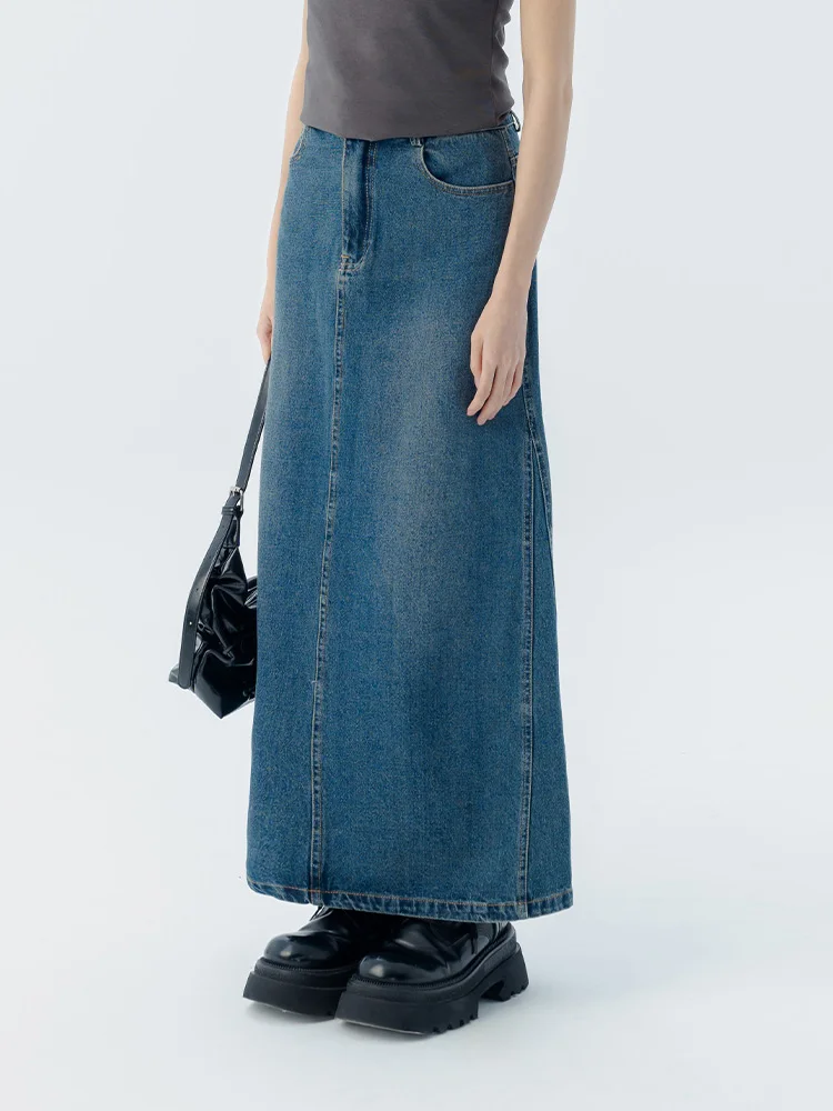 

QUEENSHOP Новая женская длинная джинсовая юбка с боковыми швами, повседневная, со средней талией, А-силуэт, 100% хлопок, весна-лето