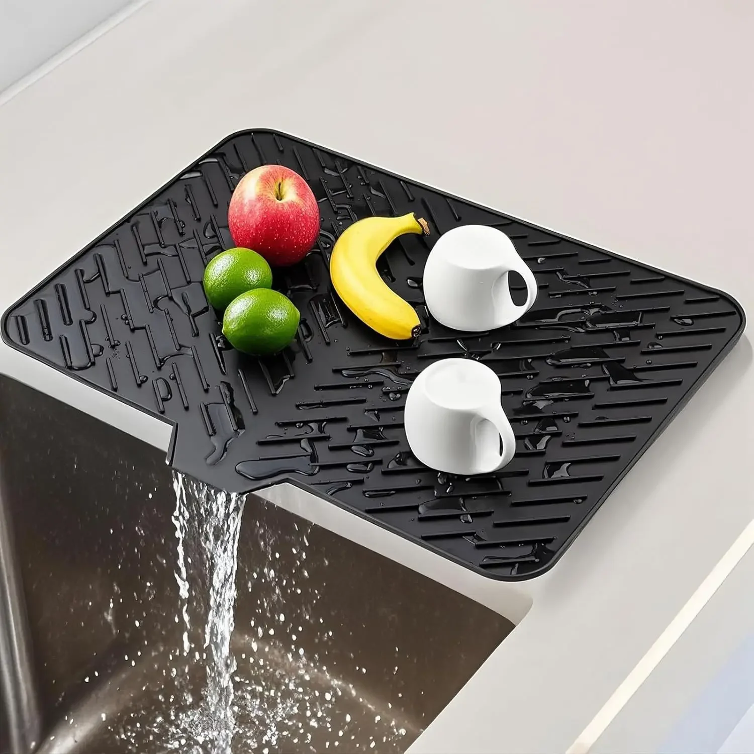 58×43cm Large Square Silicone Dish Drying Mat, Sloped Back Water Diversion Drain Pad, Kitchen Counter Drainage Mat for Tableware