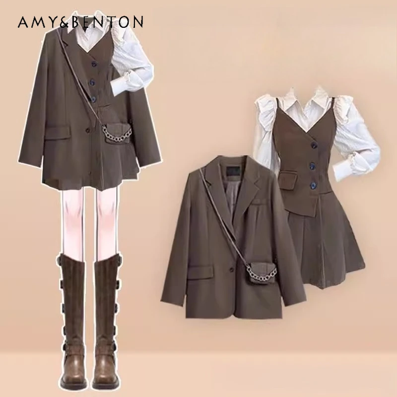 

2025 Spring and Autumn Women's Commuter Style Professional Suit Skirt Korean Style Brown Blazer White Shirt High Waist Dress