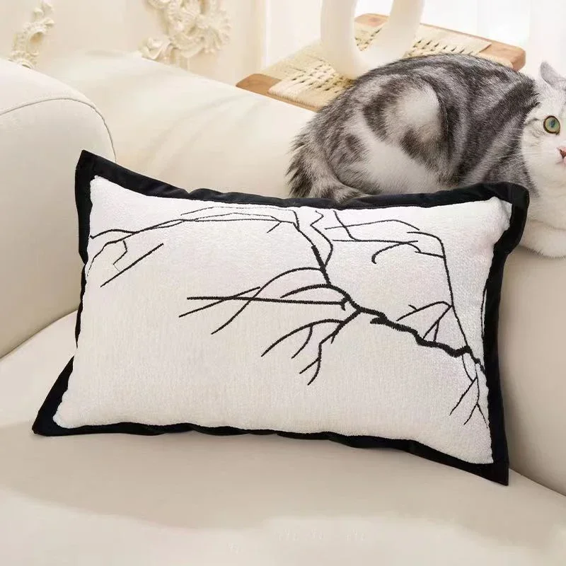 French Retro Branch Embroidered Cushion Cover Black and White Light Luxury Waist Pillow Cover Home Sofa Bedside Waist Pillowcase