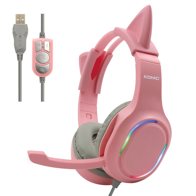 

Hot Selling New Ear Headphone RGB Glowing USB 7.1 Gaming Headset Stylish with Hidden Mic for Girls/Kids/Children