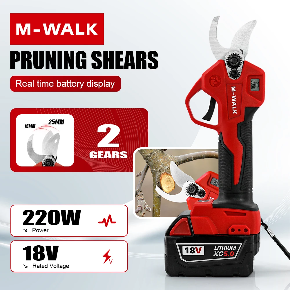 M-WALK 25mm Brushless Electric Pruner Shear 2 Gears Cordless Fruit Tree Bonsai Pruning Scissors Tools For Milwaukee 18V Battery