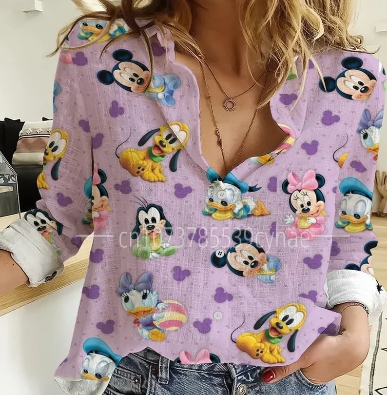 Disney-Camisa havaiana feminina mickey mouse, disneyland, manga curta, botão para cima, moda casual, camisa de praia, tops vintage