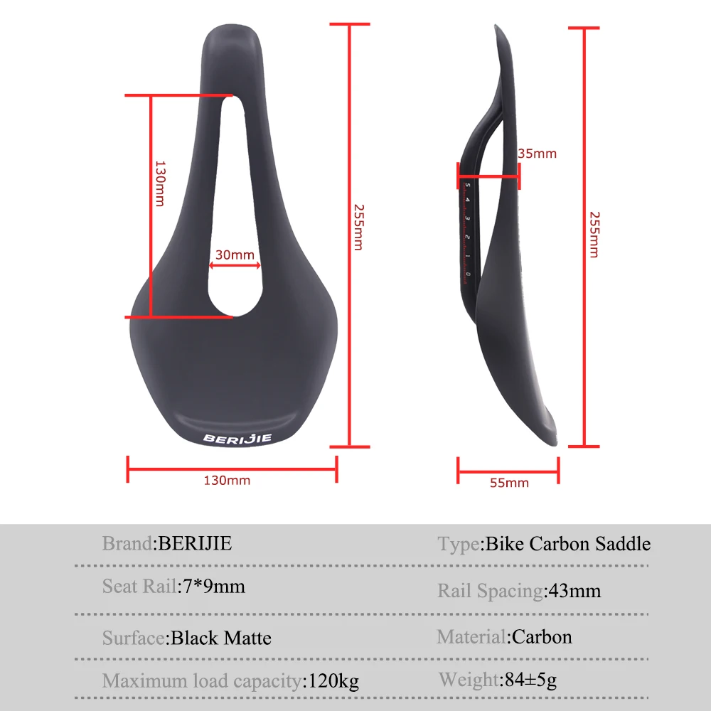 BERIJIE Full Carbon Fiber Bicycle Saddle,Carbon Fiber Cycling Road Bike/MTB Seat,Ultra Light,Front Seat 255 mm*130 mm