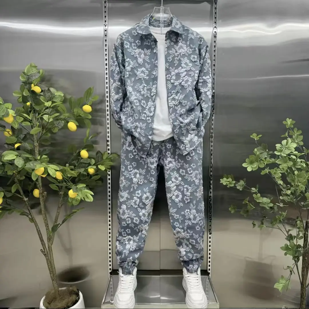 

Men's Spring Autumn Fashion Three-Dimensional Embossed Jacquard Shirt Jacket And Trousers Two-Piece Leisure Sports Suit