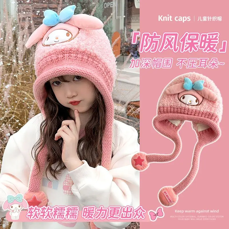 

Sanrio Kawaii My Melody Kuromi Hat Girl Heart Cute Cartoon Hello Kitty Cinnamoroll Knitted Ear Protection Hat Windproof Warm Toy