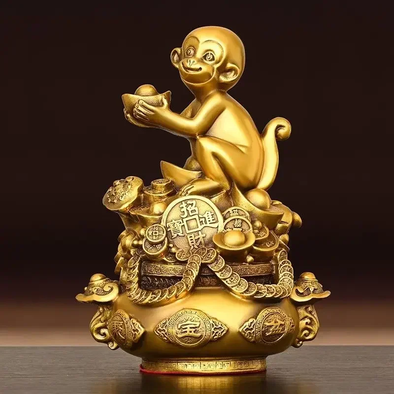 Copper Monkey Ornaments Pure Copper Pot of Treasure Ruyi Monkey Living Room Office Decorations