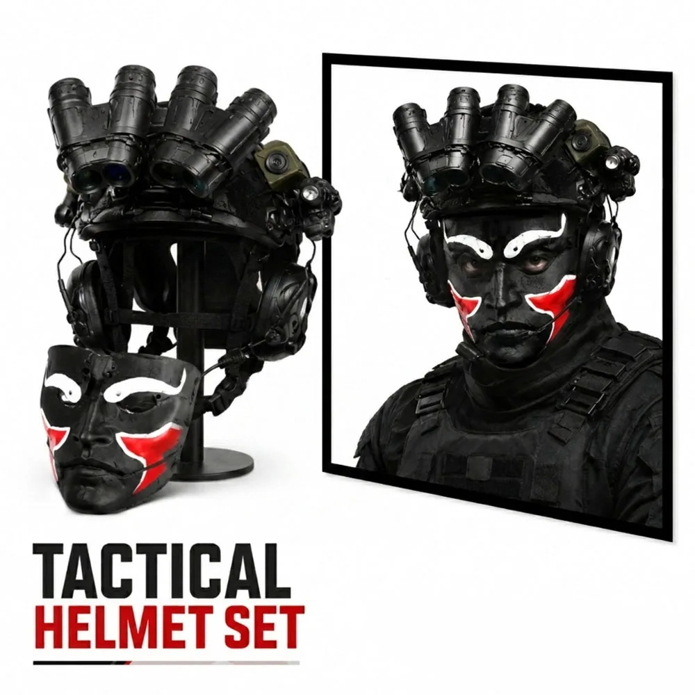 Tactical Helmet Kit with 4-Eye NVG Goggles Headset Flashlight, Full Face Protection for Cosplay Airsoft Paintball Combat Wargame