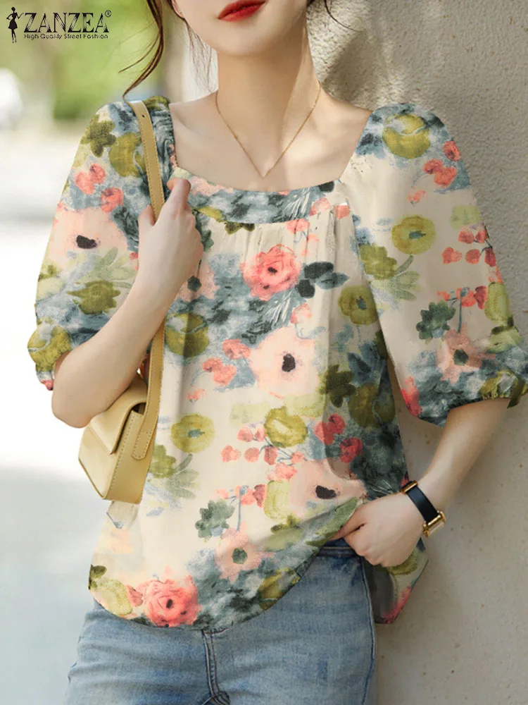 

ZANZEA Women Floral Print Blouse 2023 Summer Top Korean Puff Half Sleeve Square Collar Blusas Casual Loose Shirt Bohemian Tunic