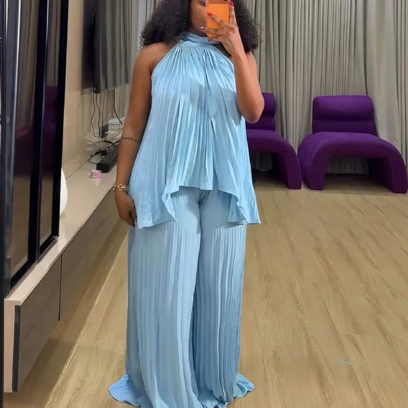 Neues afrikanisches Mode-Zweiteiler-Set für Damen, ärmellose, locker geschnittene, plissierte Weste und weit geschnittene Hose