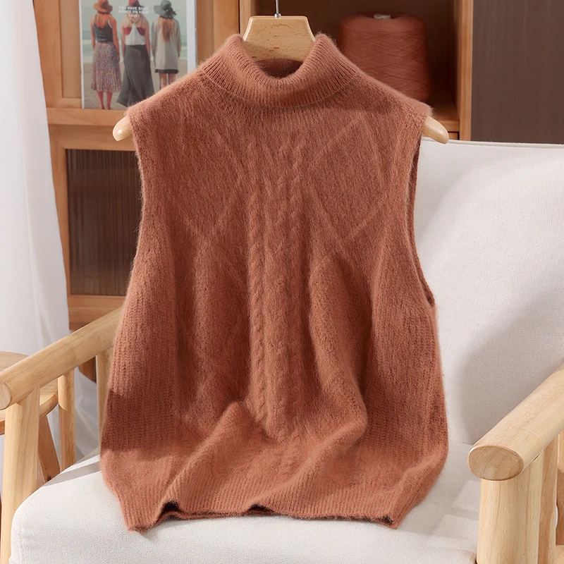 Damska kamizelka bez rękawów z golfem ze 100% czystego kaszmiru norkowego, codzienna, modna, uniwersalna damska dzianinowa bluzka na jesień i zimę.