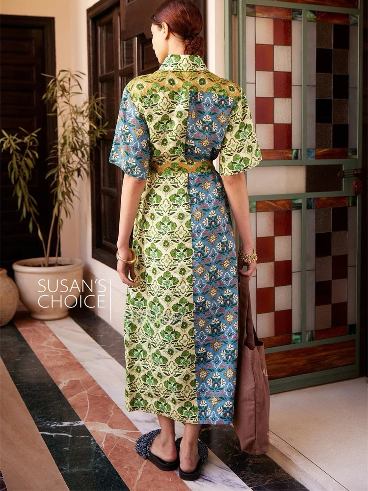 Susan Australian Faion een Color Blo Floral Print Linen ort Sve irt Dr Long Women's Vintage Sle Casual Dr