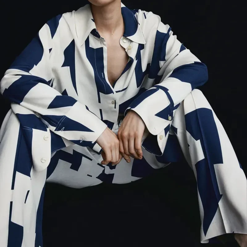 

Women's Suit 2024 New Spring Summer Geometric Pattern Print Set for Women Casual Chic Ladies Shirt Women Straight-Leg Pant