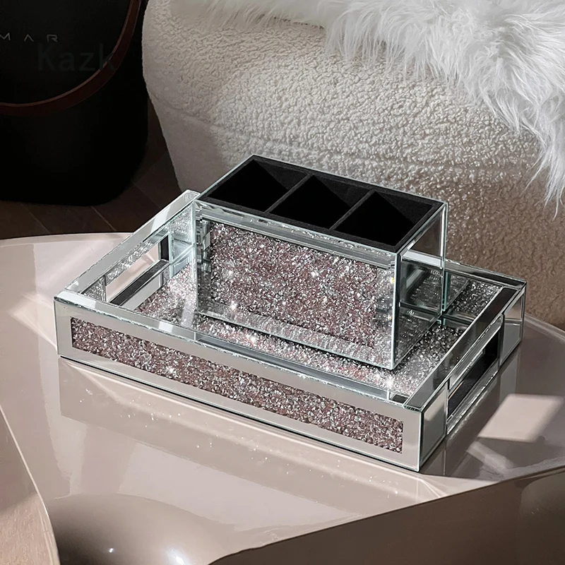 High End Diamond Inlaid Tray Modern Decor Service Tray Home Desktop Skincare Jewelry Organization Storage Trays Decorative