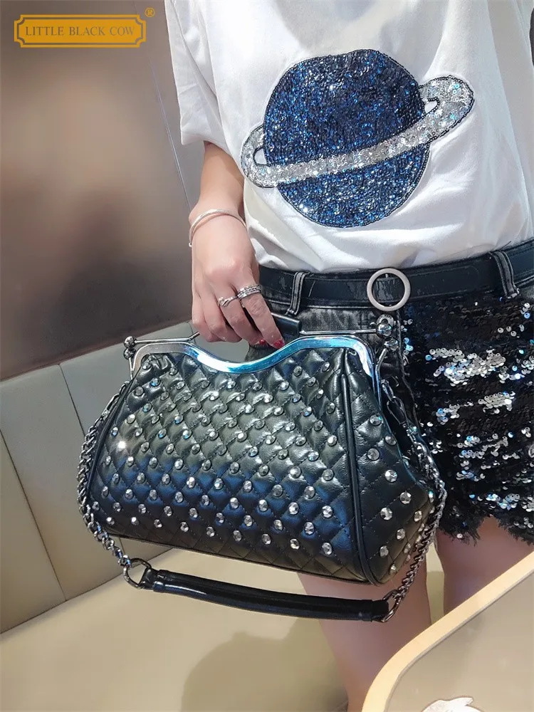 

Office Fashion Women Chain Rivets Diamond Grid Buckle Split Leather Casual Totes Handbag Single Underarm Crossbody Shoulder Bag