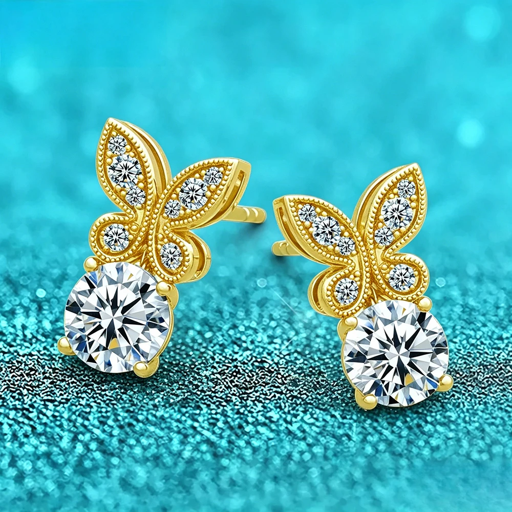 

18K Color Butterfy Moissanite Earrings 2ct 6.5MM Diamond Stud Earrings For Women 925 Sterling Silver 4 Prong Luxury Jewelry Gift