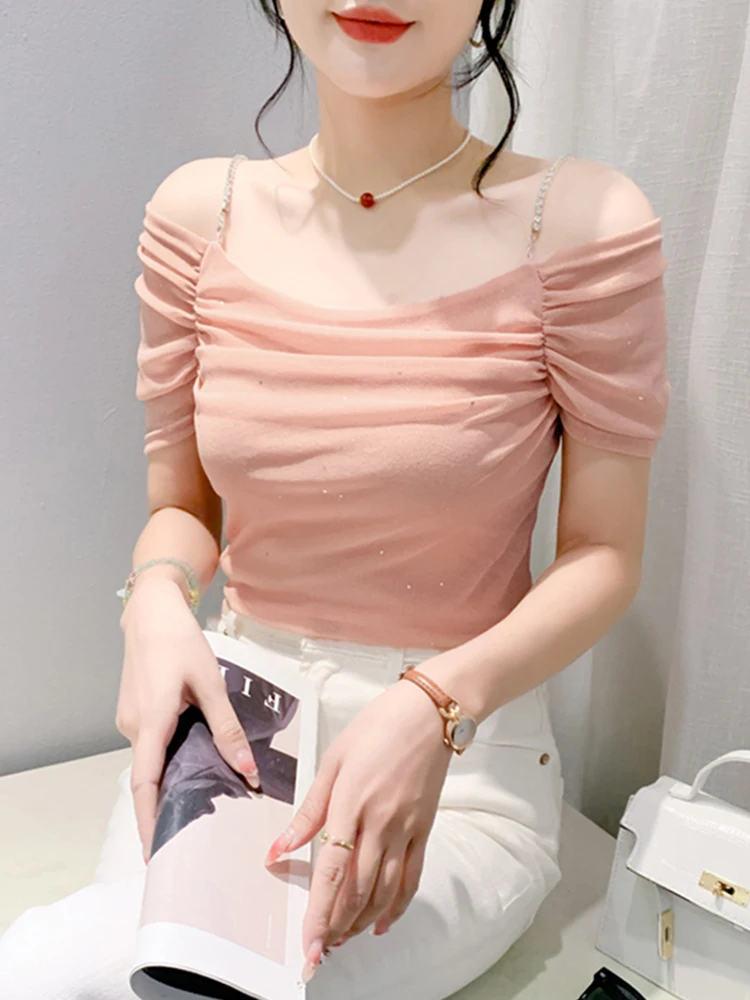 #8201 Black Pink Green Off Shoulder T Shirt Women Sexy Skinny Short Party Mesh T Shirt Femme Short Sleeve Folds Tee Shirt Summer