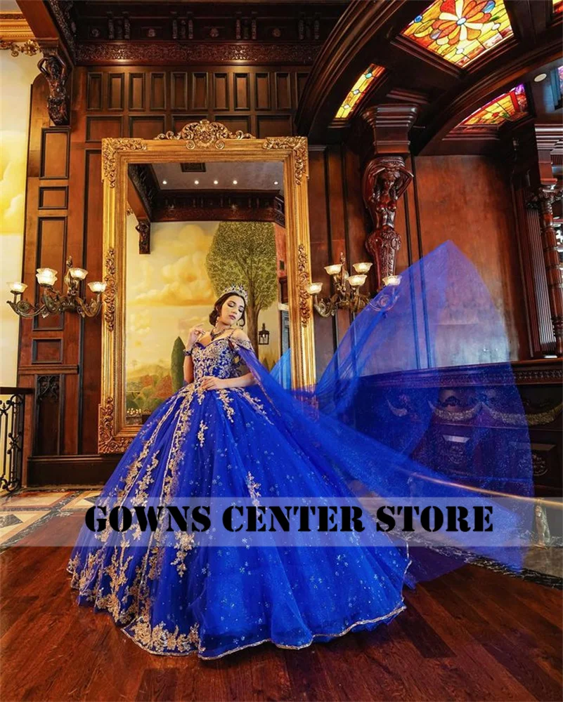 New In Royal Blue Light Gold Lace Appliques Spaghetti Quinceanera Dress For Girl With Cape Ball Gown For Sweet 15 16 Customized