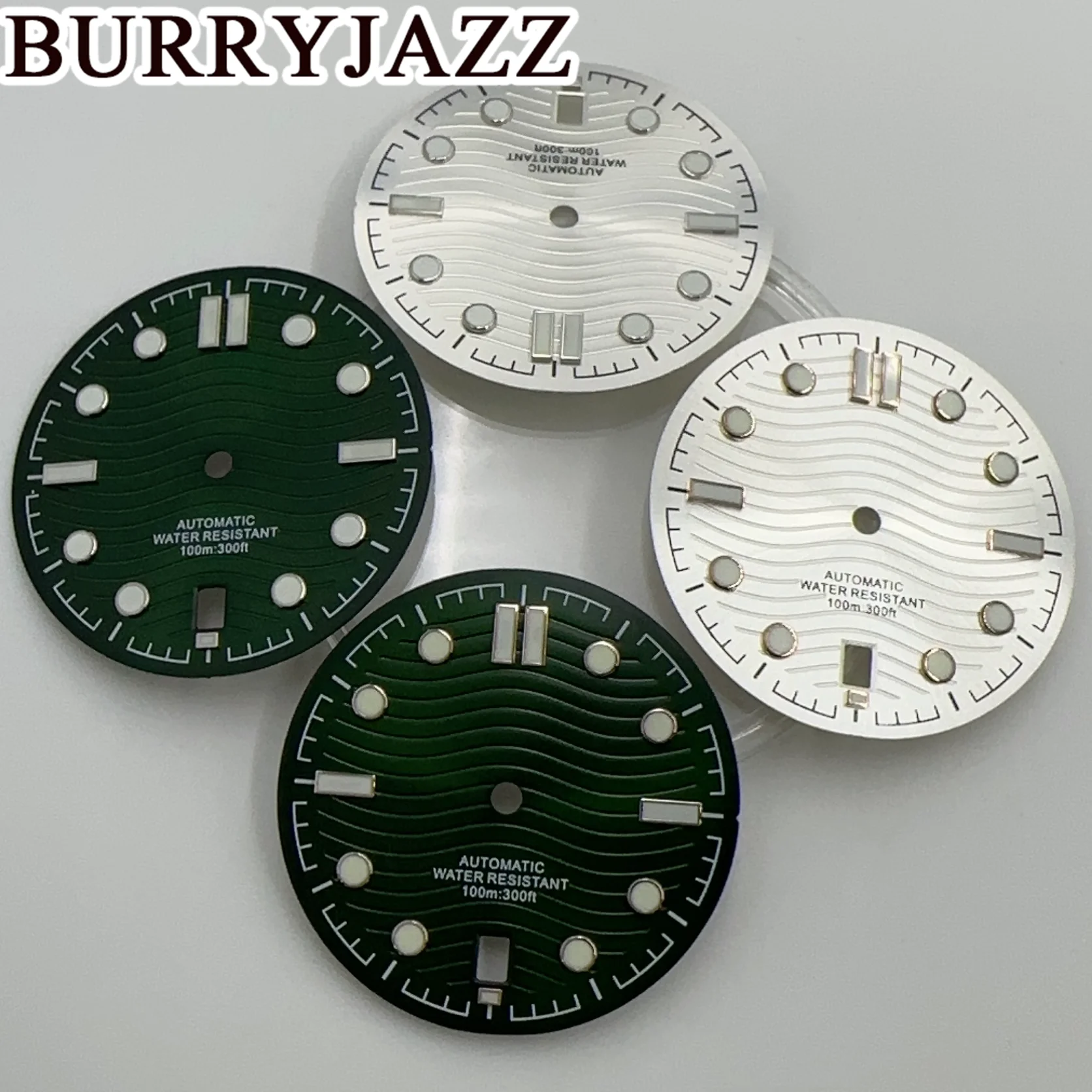 BURRYJAZZ 31mm No Logo NH35 Watch Dials Black Blue Silver Green Dial Green Luminous Fit 6 O'clock Case Crown