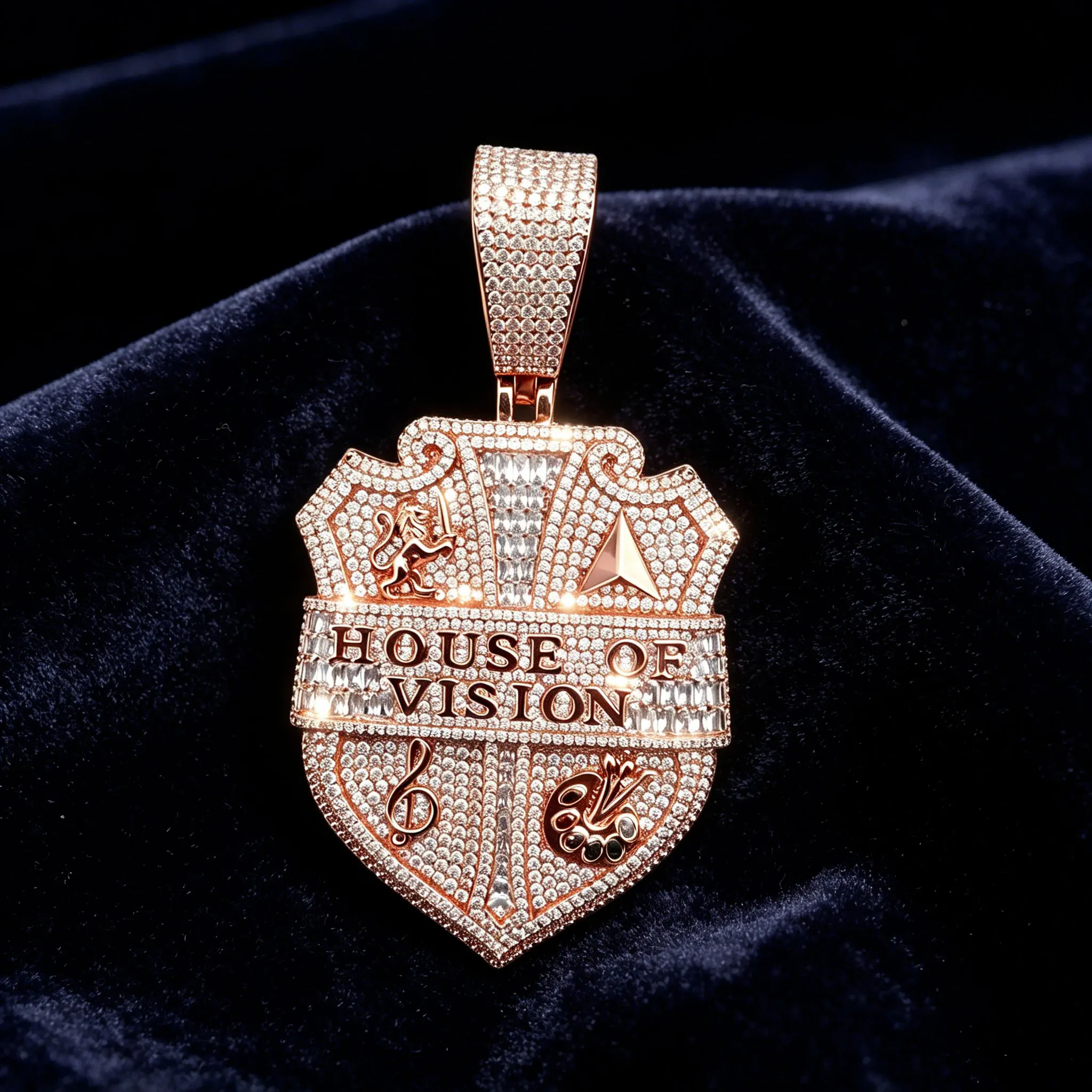 Iced Out multicolored CZ Hip Hop Necklace Charm Letter "HOUSE OF VISION" Shield Pendant For Men Wearing music festival gifts view 5