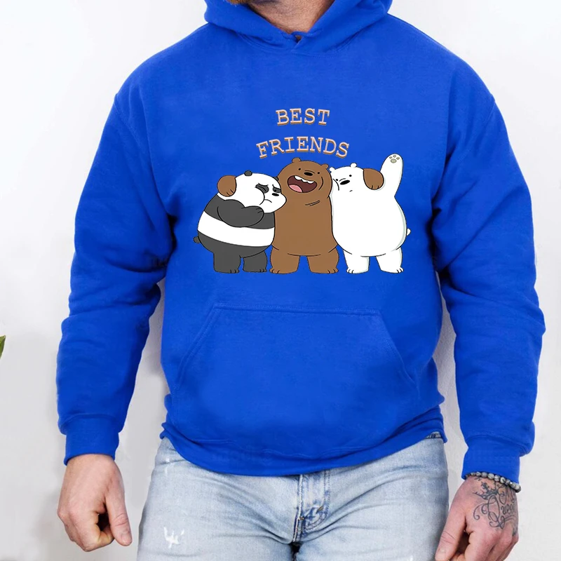 We Bare Bears Best Friends Printed Men's Autumn and Winter Hoodies Plus Velvet Sports Sweatshirt Loose Casual Men's Clothing