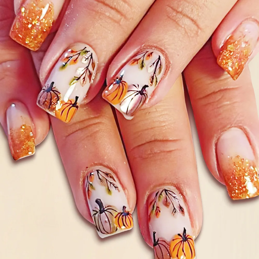 عيد الشكر اضغط على الأظافر متوسطة الفرنسية تلميح الأظافر كاذبة اليقطين بريق الخريف ورقة نمط غطاء كامل عصا على نصائح الأظافر