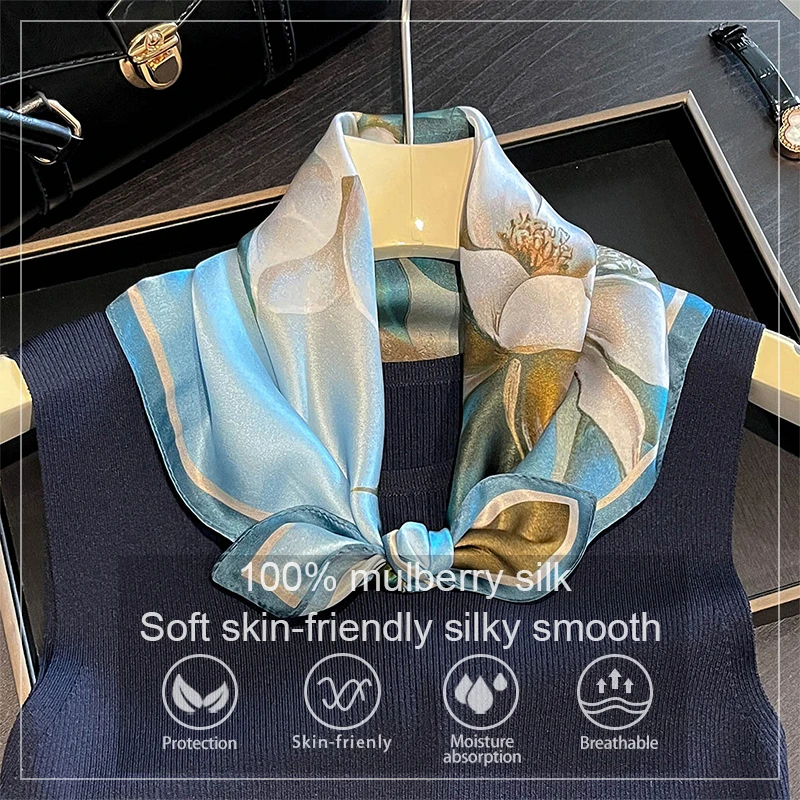 

100% Silk Scarf Bandana Women Square Scarves Wrap Kerchief Lotus Print Mulberry Silk Spring Fashion Luxury Headband Hijab