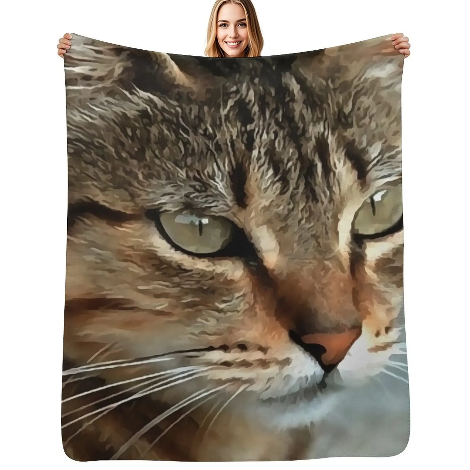 Stunning Tabby Cat Acrylic Pet Portrait Throw Blanket Soft Solid Color Blanket for Couch Bed