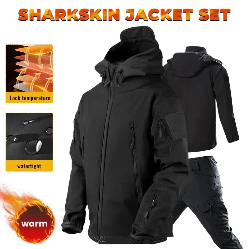 Men Thicken Soft Shell Winter Work Sharkin Storm Hooded Jacket Veet Hiking Clothing Fishing Two Piece Set Tracuit