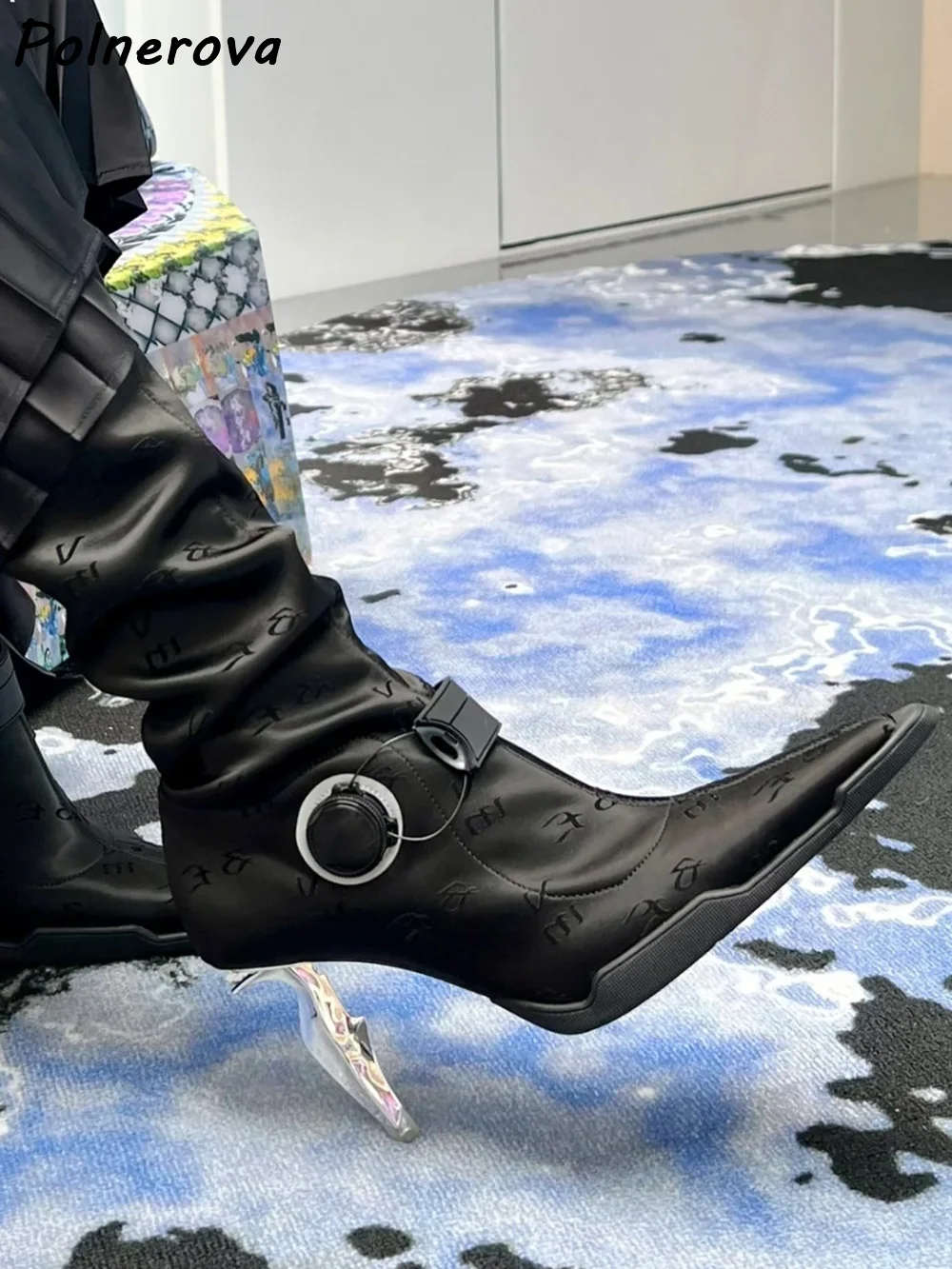 Futuristic Techwear Knee High Boots Sculptural Metal Heel Monogram Printed Satin Shoes Cyberpunk Pointed Toe Sexy Stiletto Shoes view 3