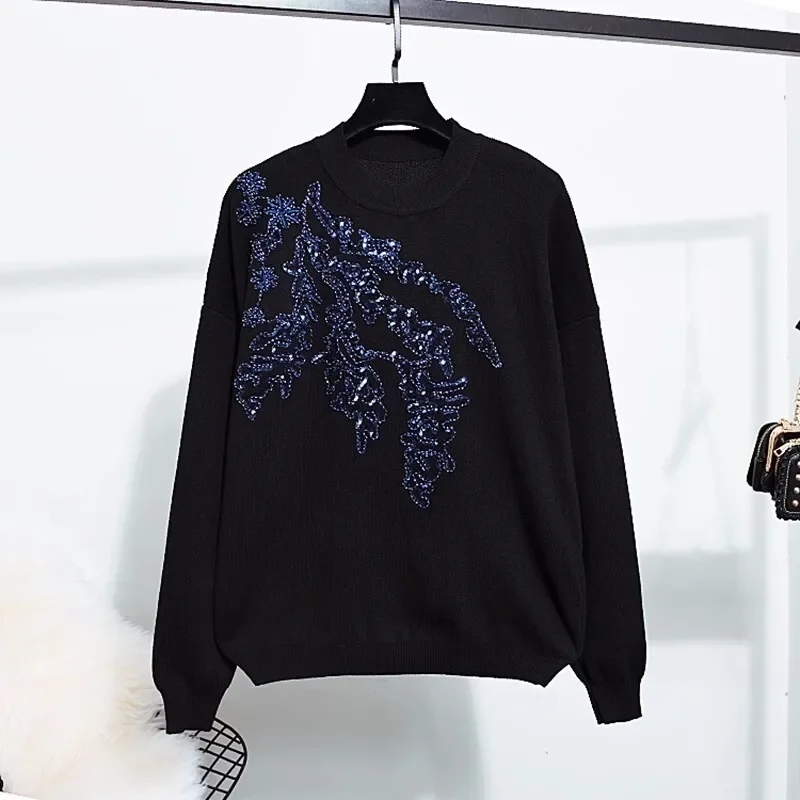 

Spring Autumn Heavy Work Beading Embroidery Knitted Tracksuit Women Outfits Loose Black Pullover Sweater Pencil Pants Set Female