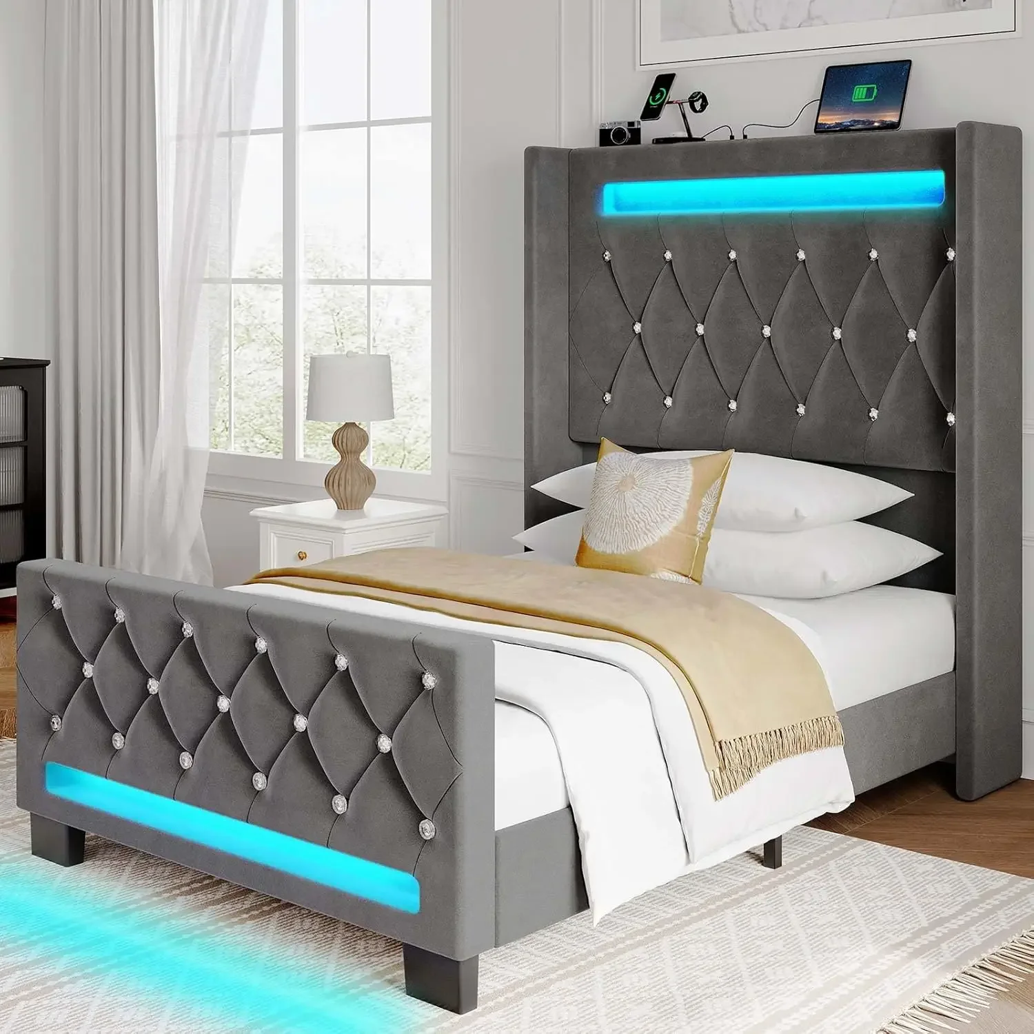 Twin Bed Frame with LED Light and Charging Station, Upholstered High Headboard and Footboard, Wood Slats, Noise Free