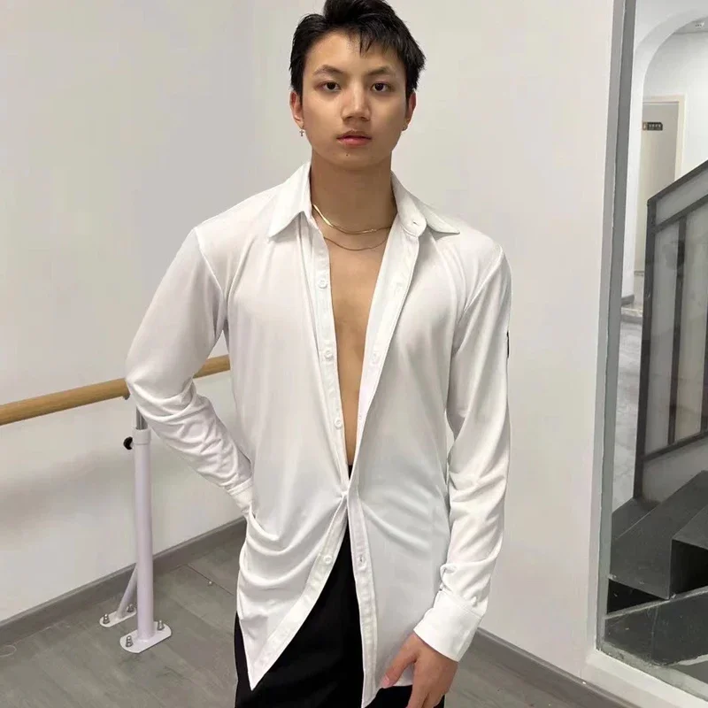 メンズ長袖光沢のあるサテンシャツラテンダンス競技服大人チャチャルンバラテンダンスパフォーマンス服 DQS11636