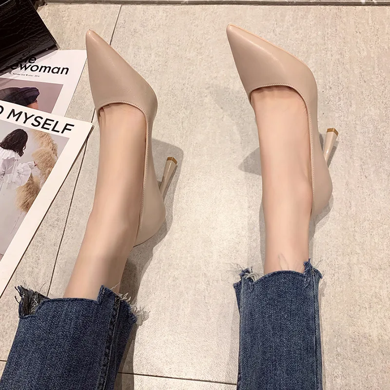 New Soft Leather Black Professional High Heels Female Stiletto All-match Flight Attendant Single Shoes Work Shoes Zaptos Mujer
