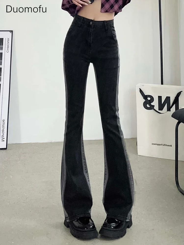 

Duomofu Contrast Color Street Washed Chic Flare Female Jeans Spring Sexy High Waist Slim Fashion Full Length Casual Women Jeans