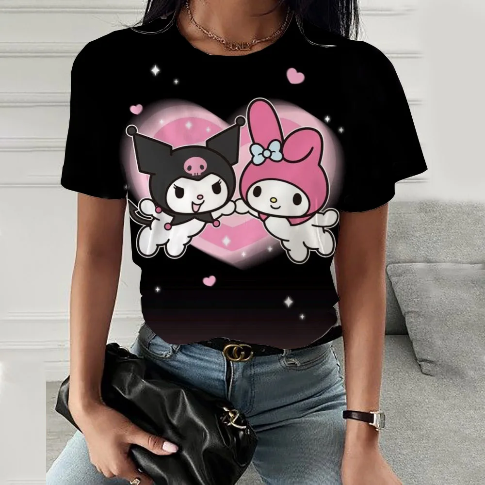 Summer Hello Kitty Kuromi print T-shirts Women Streetwear Casual Fashion Y2k Short Sleeve T Shirt O-neck Tees Tops Clothing