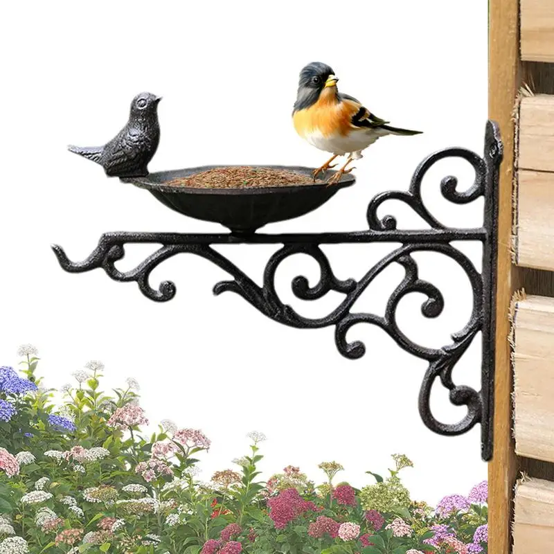 Wall Mounted Bird Feeder Cast Iron Decorative Garden Ornaments Bird Bath Feeder Nuts Mealworms Water Tray Outdoor Decor