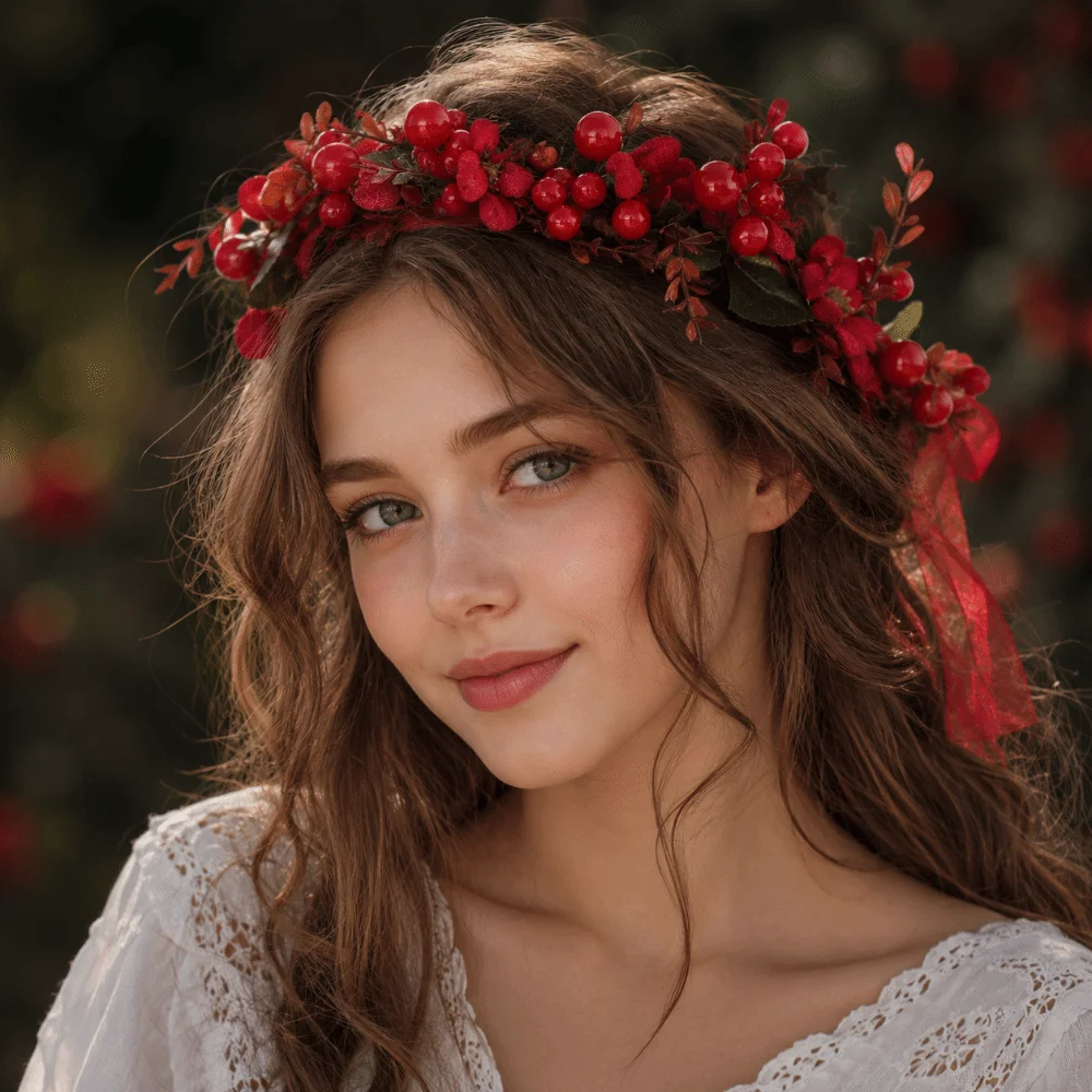 Simple Large Red Berry Garland Red Flower Green Leaf Artificial Flower Garland Wine Red Rose Ribbon Flower Hairband Bridesmaid