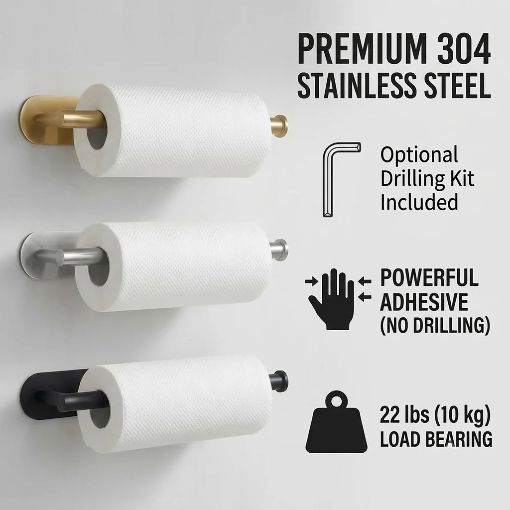 

304 Stainless Steel No-Drill Paper Towel Rack, Waterproof Adhesive Tissue Holder, Strong Load Bearing,Bathroom & Kitchen Storage