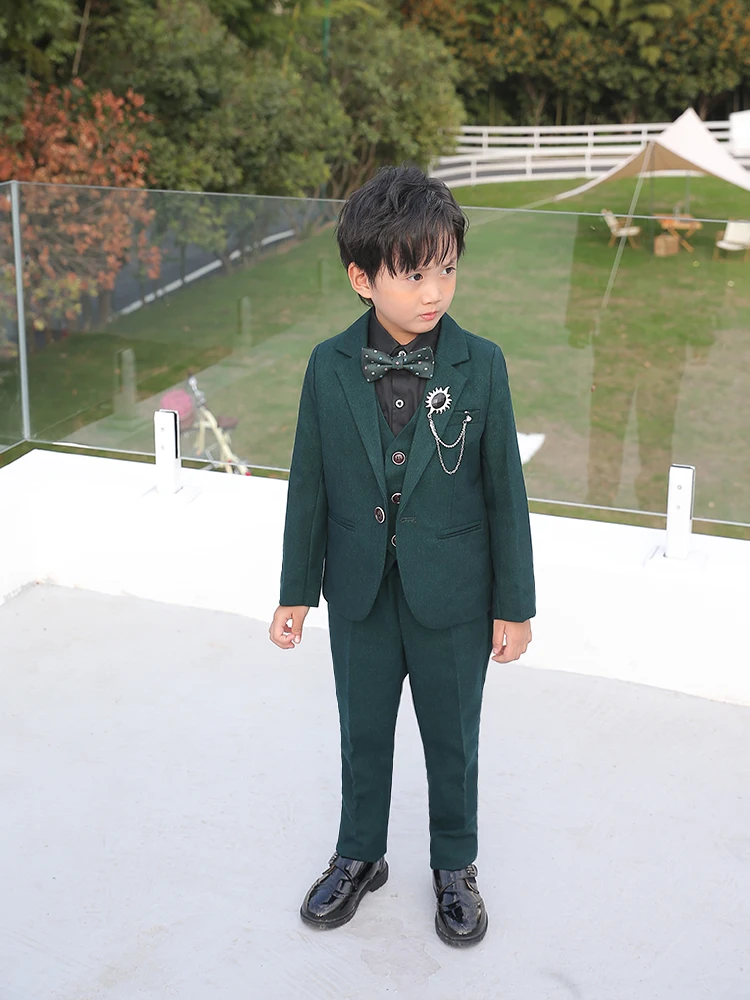 Children Dark Green Photograph Suit Flower Boys Formal Wedding Dress Kids Tuxedo Party Wear Teenager Graduation Birthday Costume