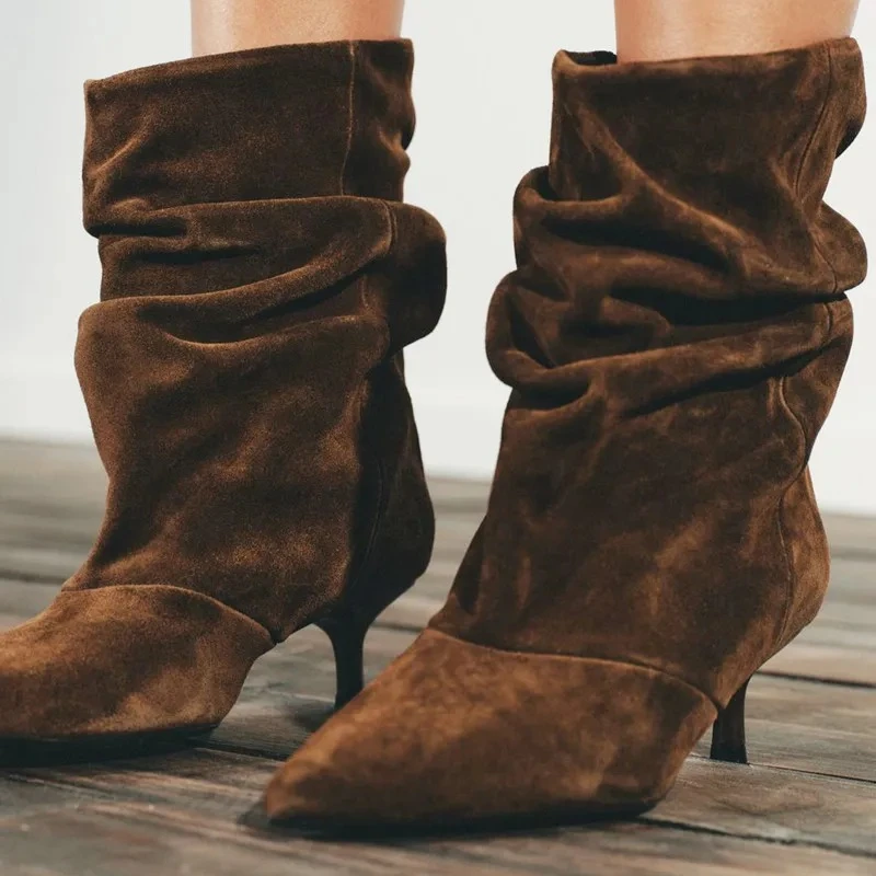 

Women's Brown Suede Slouchy Ankle Boots, Pointed Toe Kitten Heel Mid-Calf Boots, Vintage Casual Daily Office Fashion Footwear