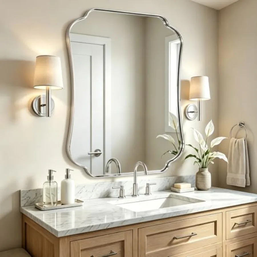 

36x48 Chrome Bathroom Mirror: Scalloped Shape Wall Mirror with Stainless Steel Frame, Silver Finish, Modern Wave-Edge Design fo