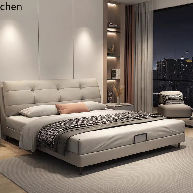 ZML Minimalist Genuine Leather Bed Master Bedroom High-end Top Layer Cowhide Double Bed