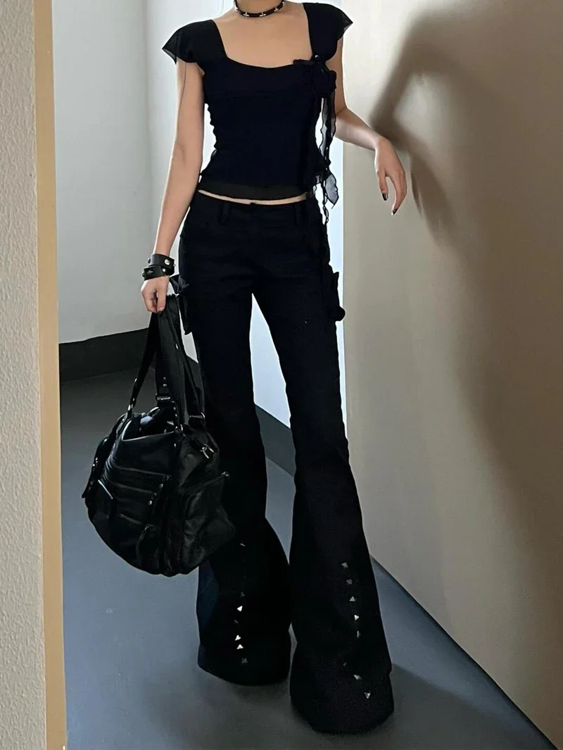Y2K American Retro Hot Girl Rivet Slim Jeans 2000s High Street