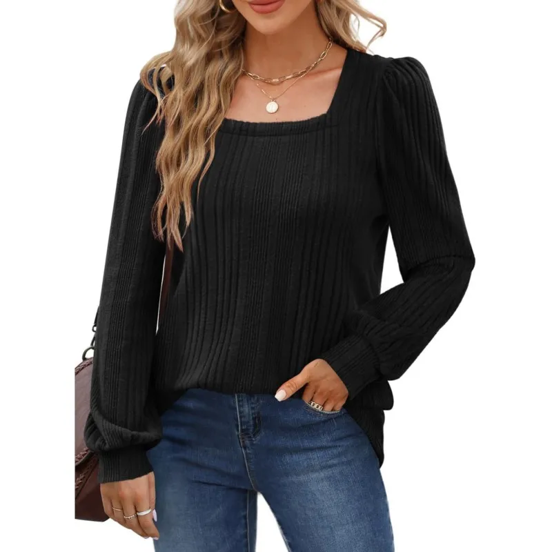 2024 Female Square Collar Long Sleeve T-Shirt Blouse Office Lady Spring Autumn New Fashion Elegant Solid T-Shirts For Women Tops