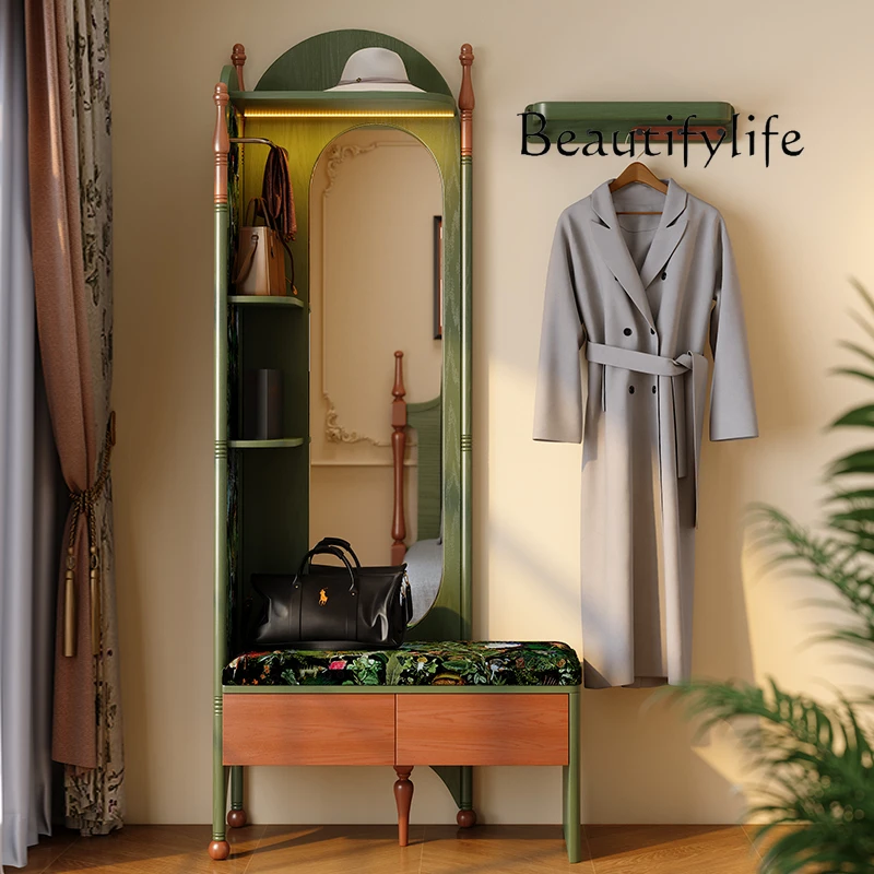 

yj5 French retro new Chinese solid wood coat rack, full-length mirror, shoe change stool, integrated entrance door and entrance
