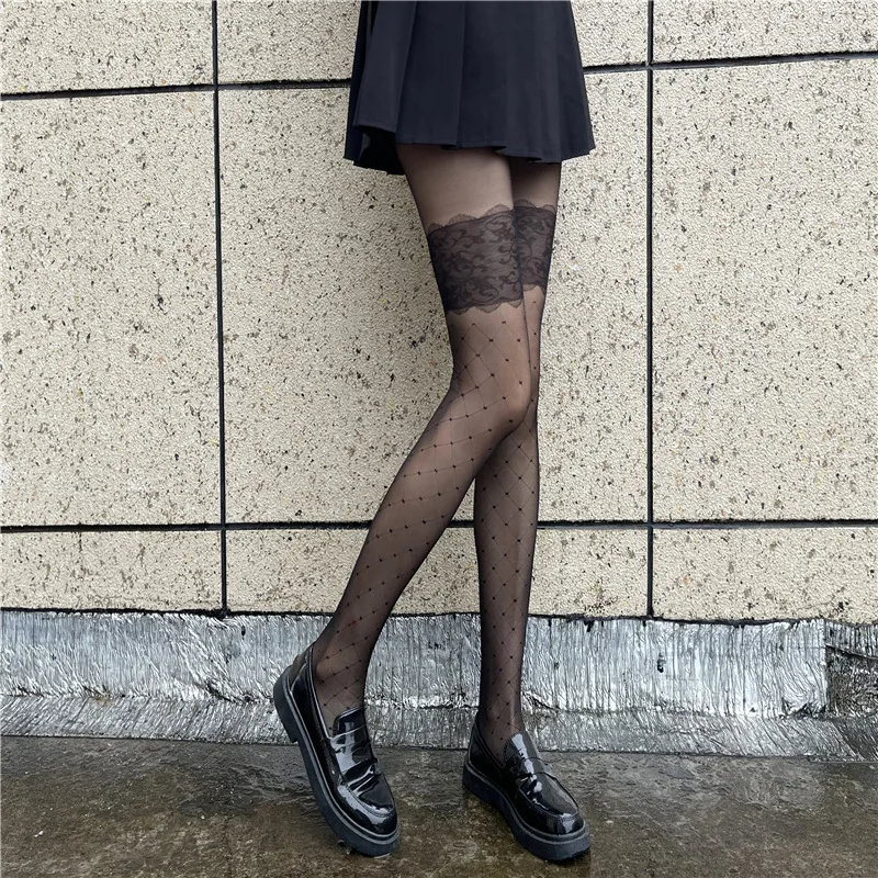 Thigh Lace Rhombus Plaid Pantyhose Thin Jacquard Black Silk Stockings Women's Sexy Internet Celebrity Ins Trendy Black Stockings