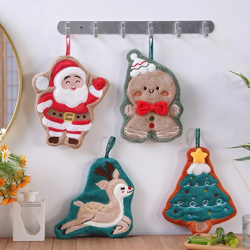 Coral Fleece Christmas Santa Claus Hand Towels Water Absorption Quick-drying Hand Towel Christmas Tree Bell Kitchen Bathroom