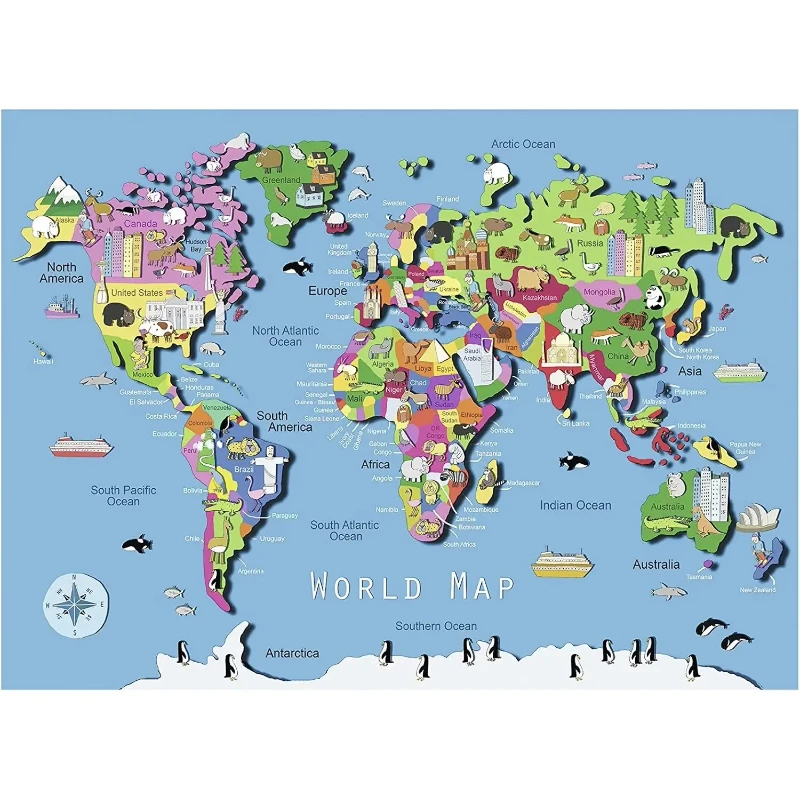 Jigsaw Puzzle 500 1000 1200 2000pcs Detailed World Map With Famous Buildings And Animals For Adults Family Fun Puzzle Present