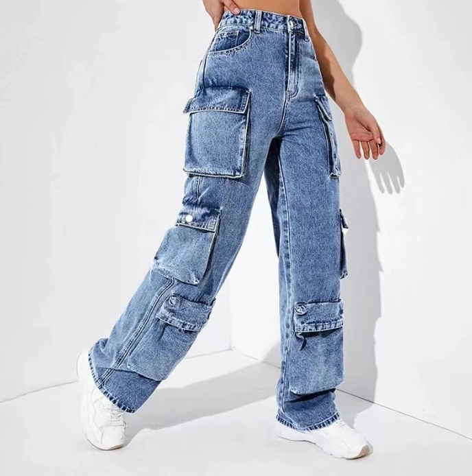 Women's Jeans Trousers 2025 Autumn Winter Latest High Waisted Flip Pants Loose Fit Pants Denim Multi Pocket Pants Long Pants